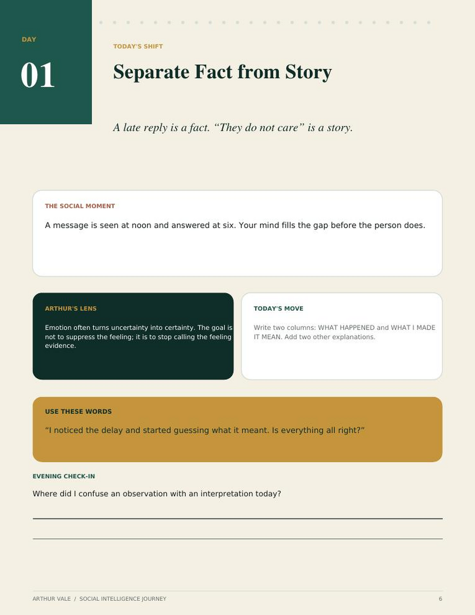 A sample daily page from the Social Intelligence Journey